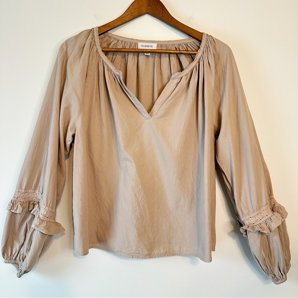Evereve Elli Top Blouse Sandstone Poplin Blouson Crochet Balloon Sleeves, M - Picture 7 of 16